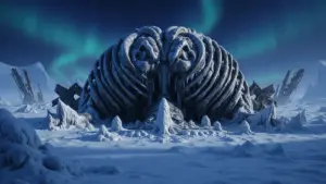 Frozen wasteland on ancient god corpse with ice-covered flesh and metallic ruins under cold sky