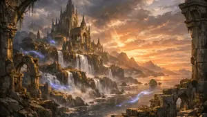 Ancient fantasy temples of Orr with magical energy and dramatic sunset lighting in Guild Wars universe