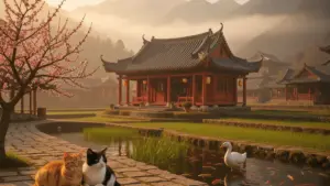 Traditional Chinese village with cats and goose in Where Winds Meet game