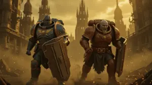 Warhammer 40K Darktide shield enemies advancing through industrial hive city battlefield