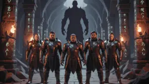 Five warriors in epic dungeon raid formation in New World MMO