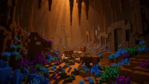 Underground voxel cavern with ancient ruins and creatures in PixARK Terracrypt DLC