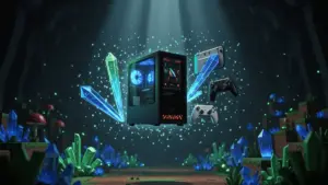 Gaming platforms connecting in Terraria-inspired underground environment with mystical lighting