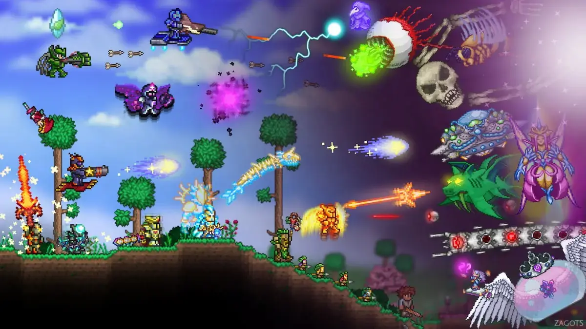 A chaotic battle scene from Terraria featuring various bosses and abilities.