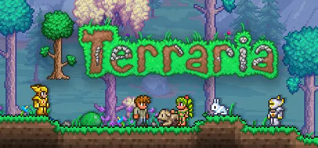 Characters and creatures from Terraria in a colorful game landscape.
