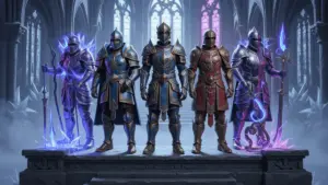 Fantasy MMO armor and weapons displayed horizontally showing gear progression system in Throne & Liberty