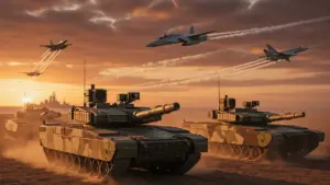 Modern military vehicles including tanks and fighter jets in dramatic battlefield formation