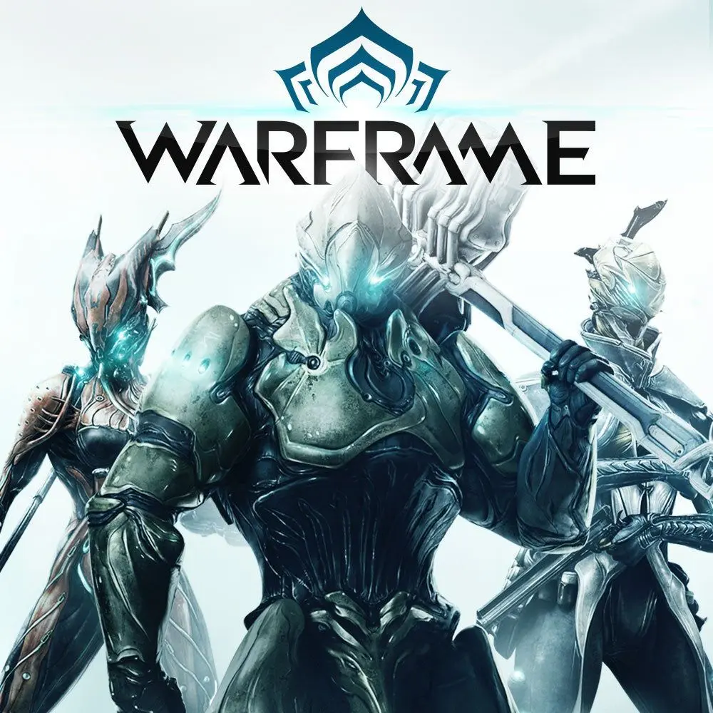 Three Warframe characters with a futuristic design and glowing elements.