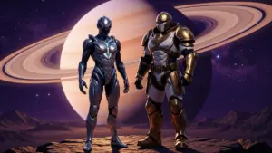 Warframe and Destiny warriors standing together overlooking Saturn in tribute