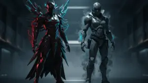 Two Warframe Protoframe characters in futuristic sci-fi environment with dramatic lighting and glowing energy effects