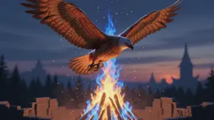 WoW Midsummer Fire Festival painted roc mount soaring above magical bonfire at twilight