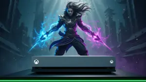 Wuthering Waves character with Xbox Series X console in cinematic fantasy setting