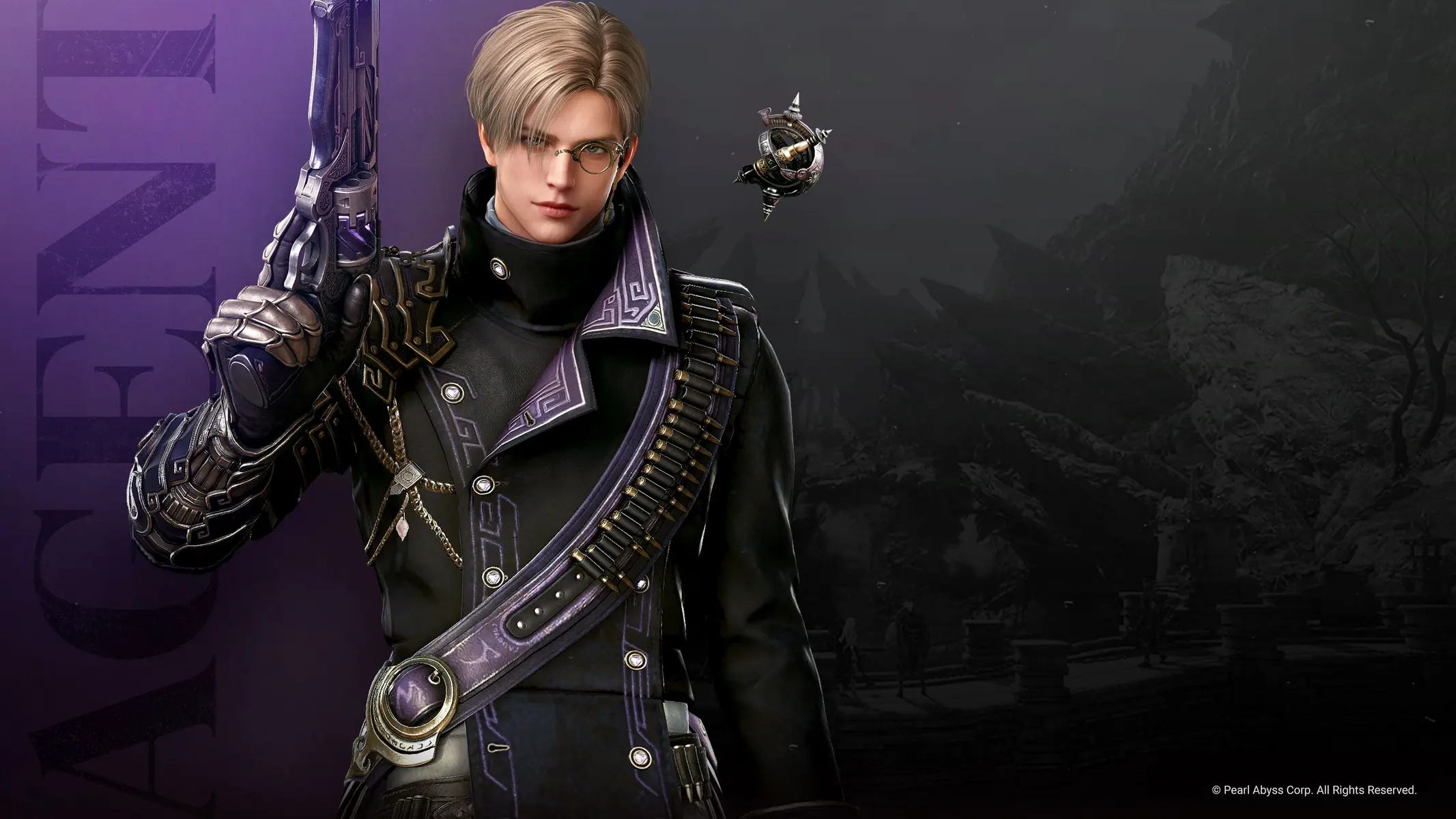 The Agent class character from Black Desert Online wearing a dark military coat and holding a futuristic pistol.