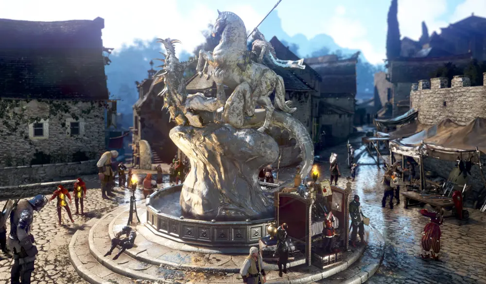 Heidel fountain in Black Desert Online with characters and market stalls around it.