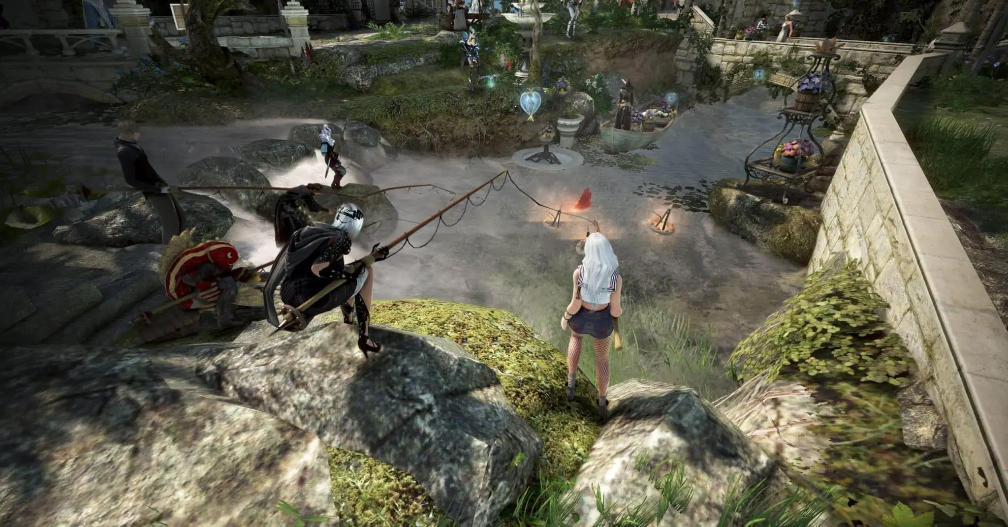 Characters in Black Desert Online fishing by a scenic pond in a lush garden setting.
