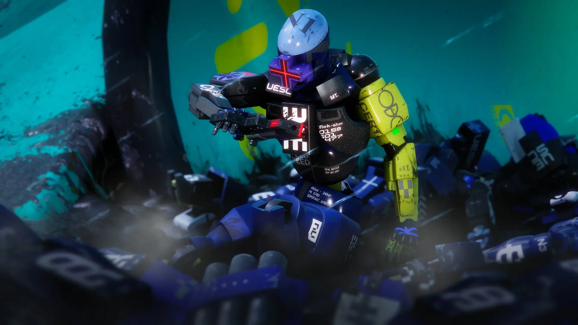 A humanoid robot character from Bungie's Marathon among blue debris.