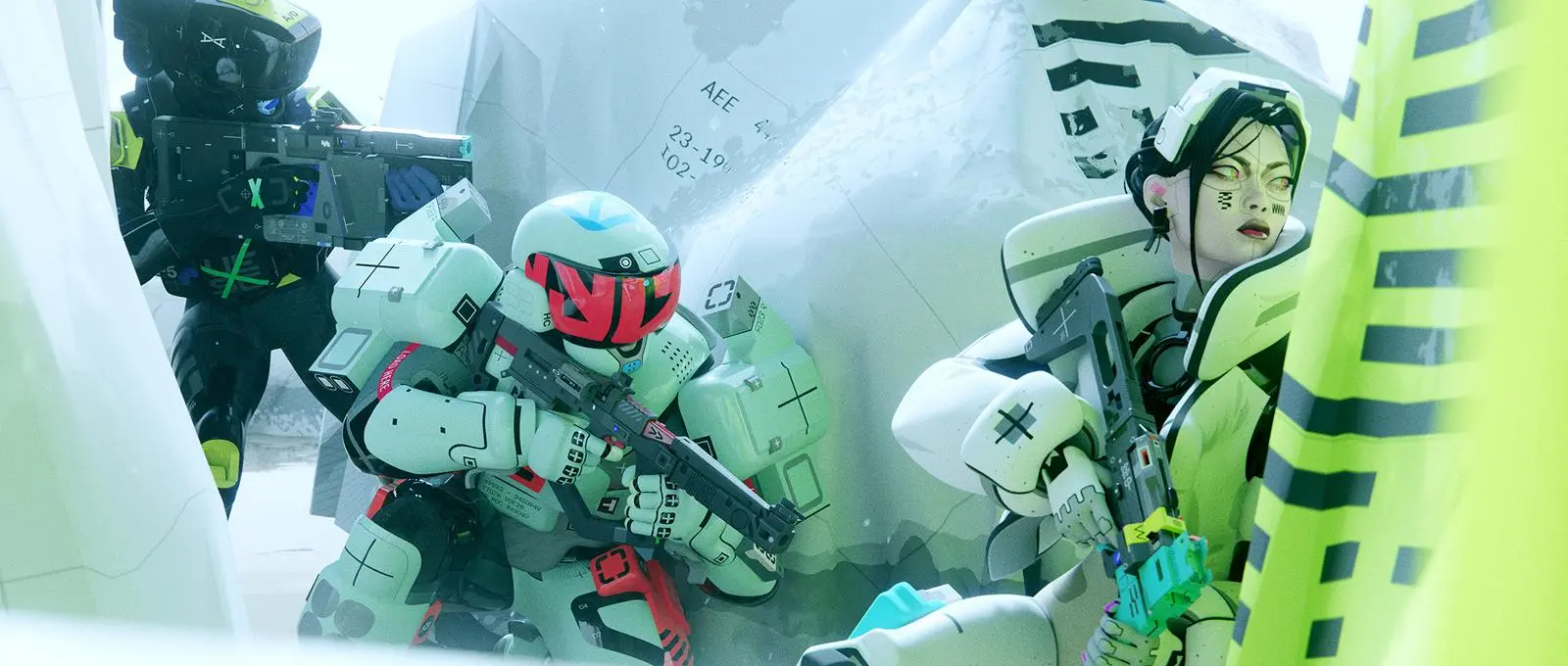 Three futuristic characters in high-tech gear engaging in gameplay action.