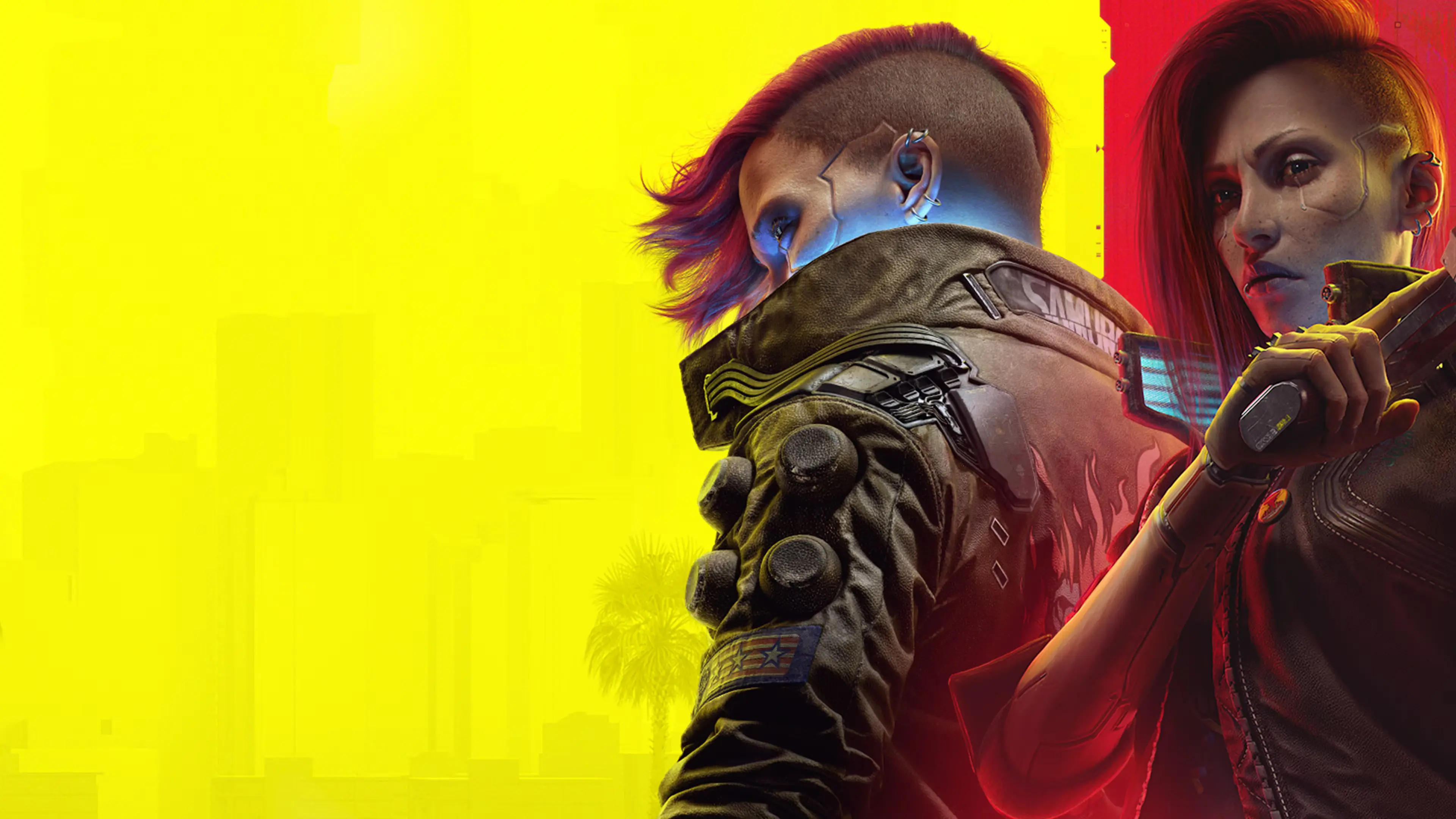 Two characters from Cyberpunk 2077 facing away, vibrant yellow and red background.