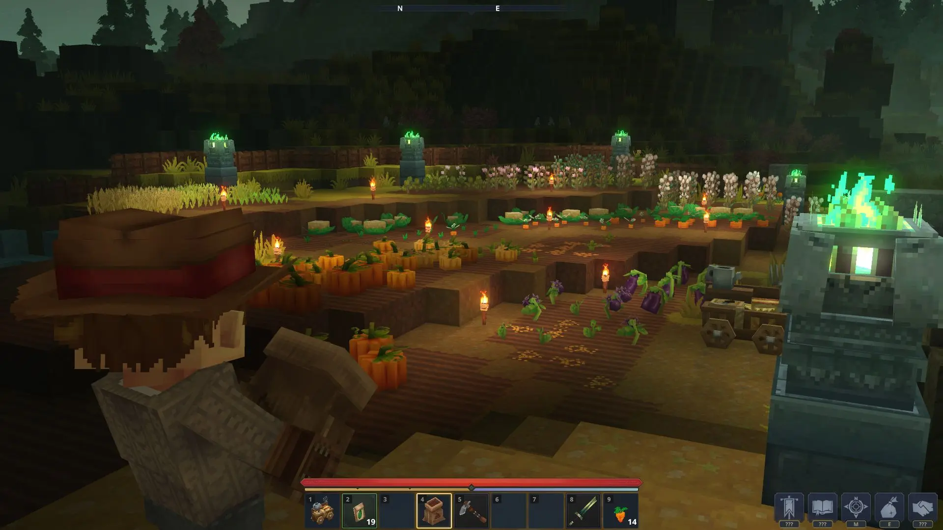 In-game scene from Hytale showing a farm with various crops and a character.