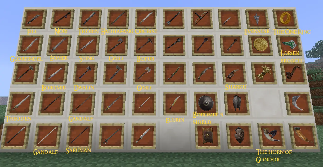 Display of various weapons and items from Minecraft Middle Earth mod.
