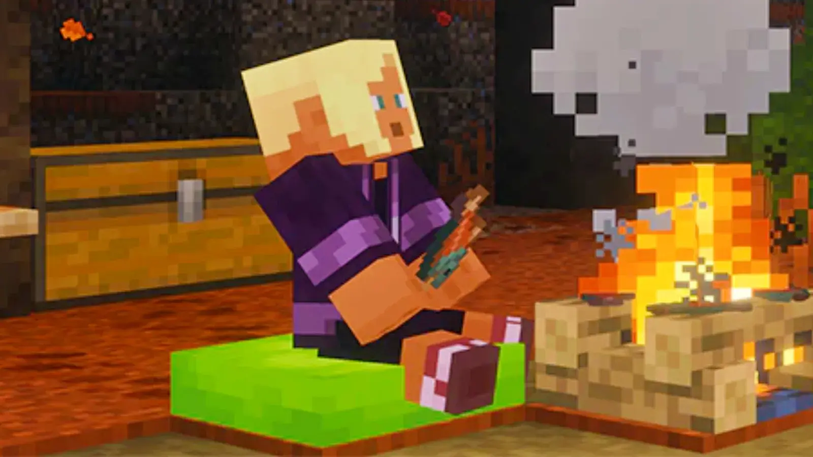 A Minecraft character sits on a green mat by a campfire holding items.
