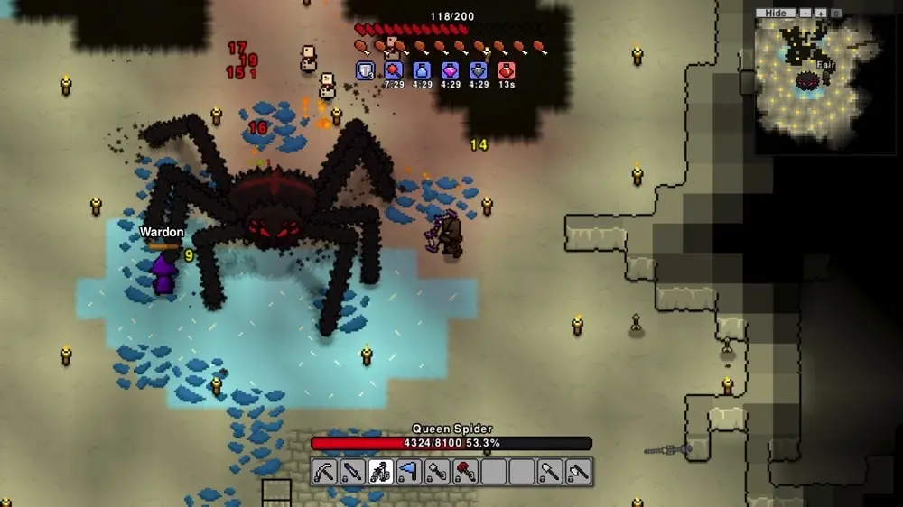 Gameplay screenshot from Necesse featuring a combat scene against a Queen Spider.