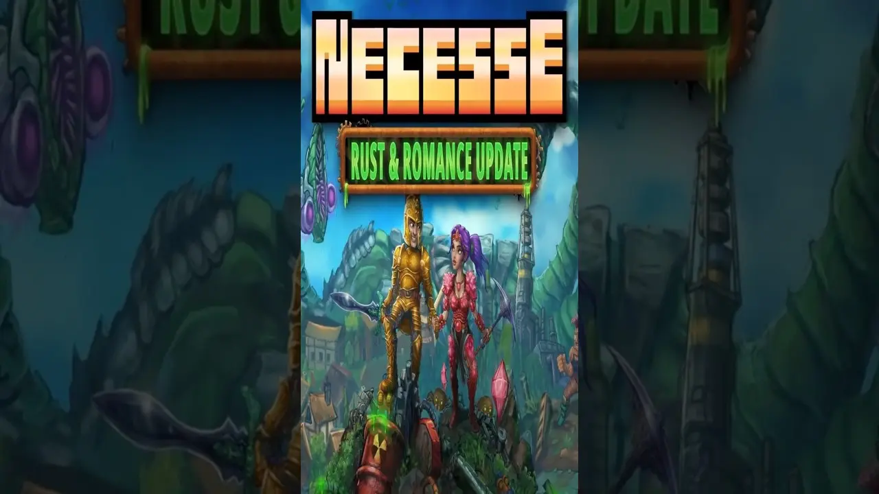 Colorful artwork from 'Necesse' featuring characters with weapons in a fantasy setting.