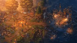 Necesse game split scene showing cozy settlement with flowers and industrial scrapyard raid with mechanical structures