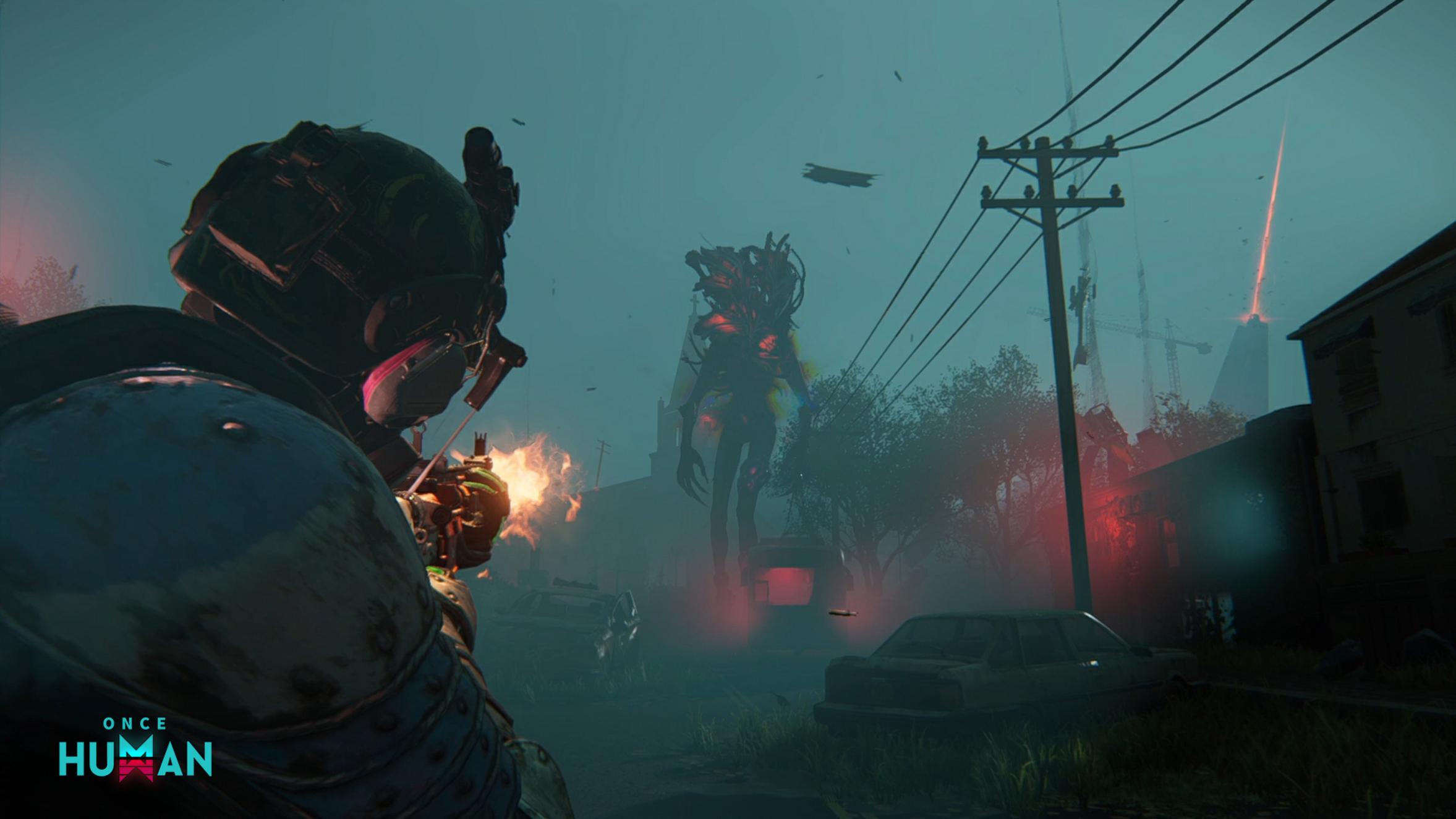 A character aiming a weapon at a large creature in a foggy, post-apocalyptic setting.