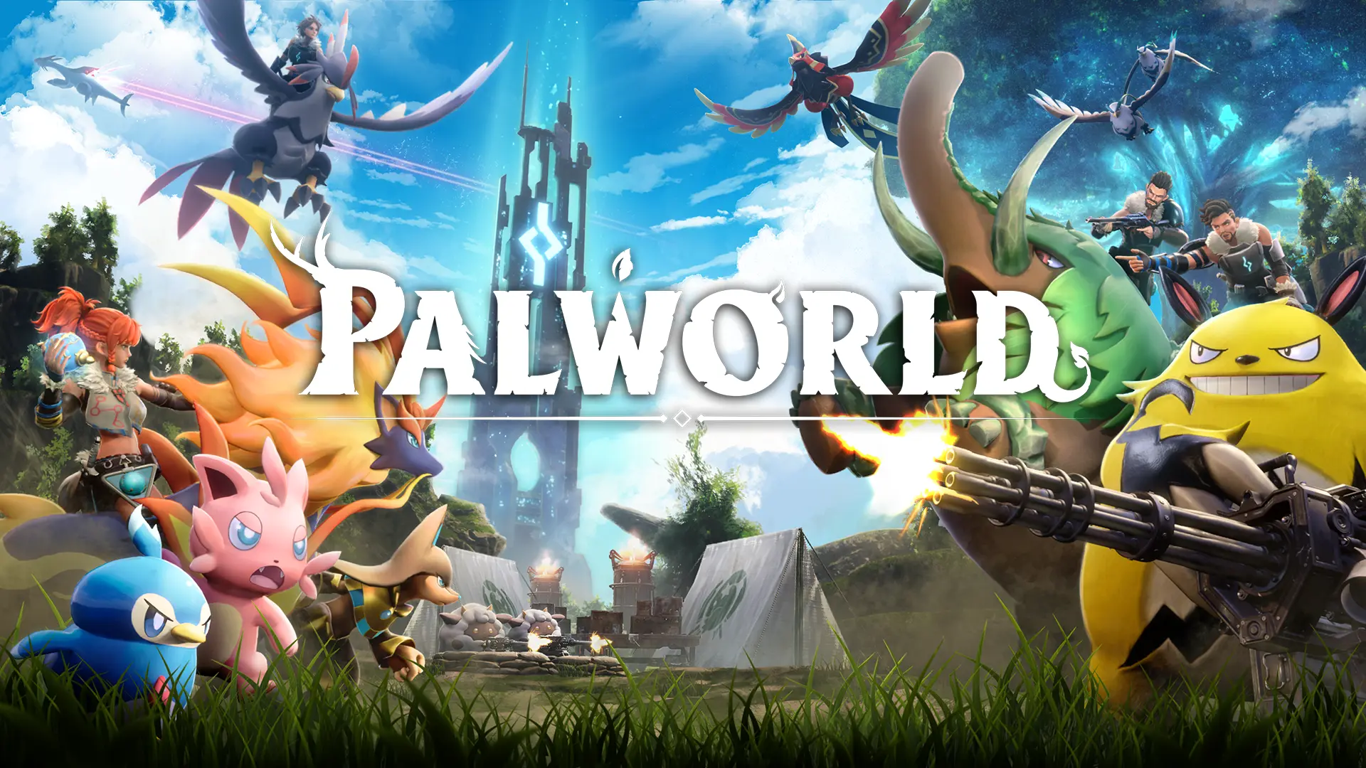 Gameplay screenshot from Palworld featuring characters and creatures in action.