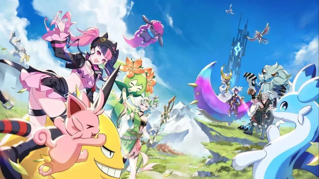 Character artwork from Palworld featuring various Pals in a vibrant landscape.