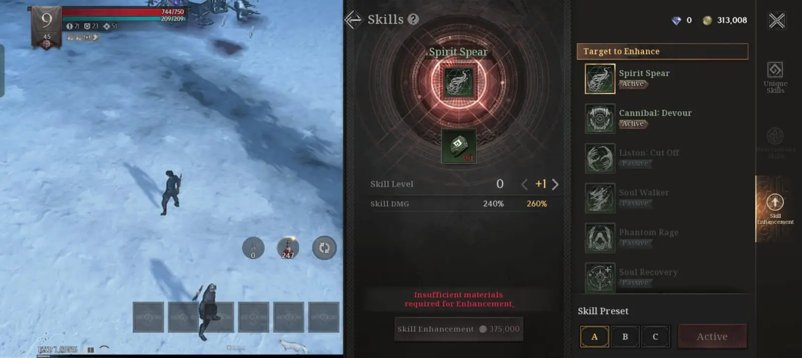 Screenshot showing Raven2 Skill Awakening feature with skills listed and enhancement options.