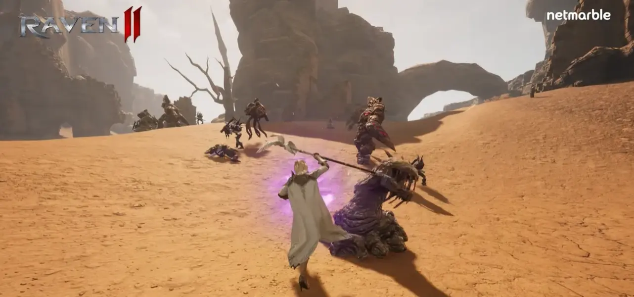 Character battles monsters in the desert landscape of Raven II game.