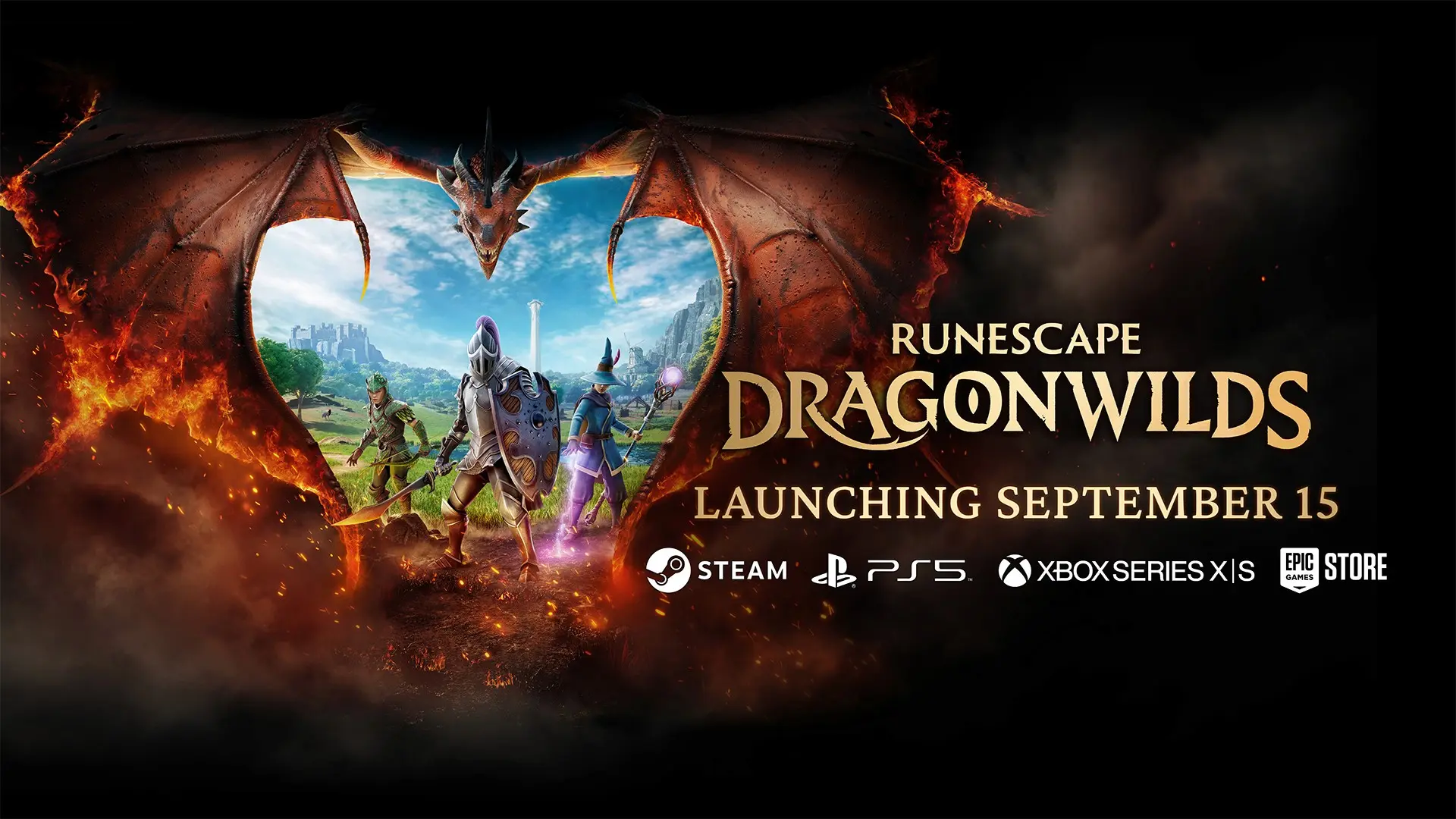 RuneScape Dragonwilds promotional artwork featuring characters and a dragon.