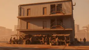 Post-apocalyptic apartment complex with market stalls in Rust's Common Ground update
