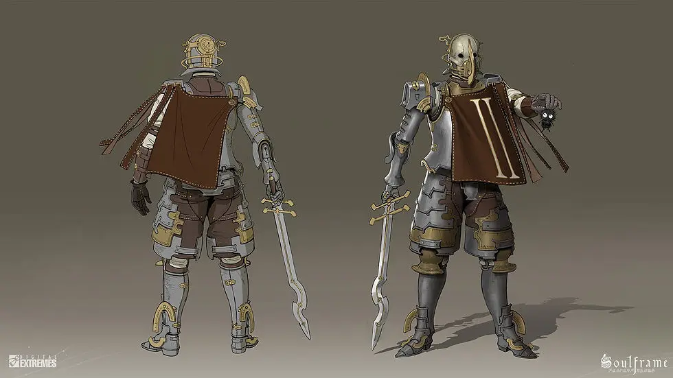 Character design from the game Soulframe, featuring a robotic figure with weaponry.