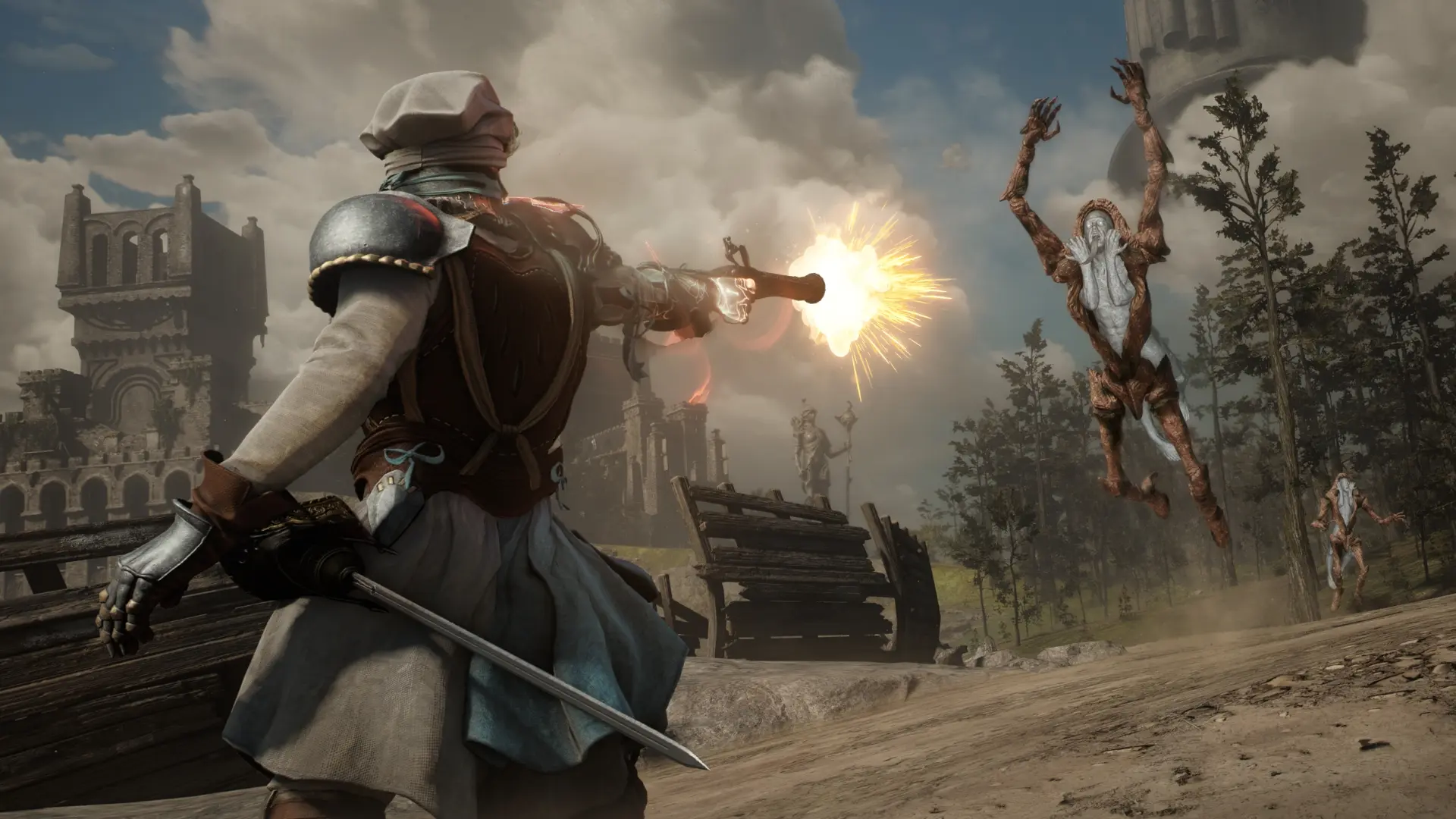 Gameplay screenshot of a character shooting at a monster in a fantasy landscape.