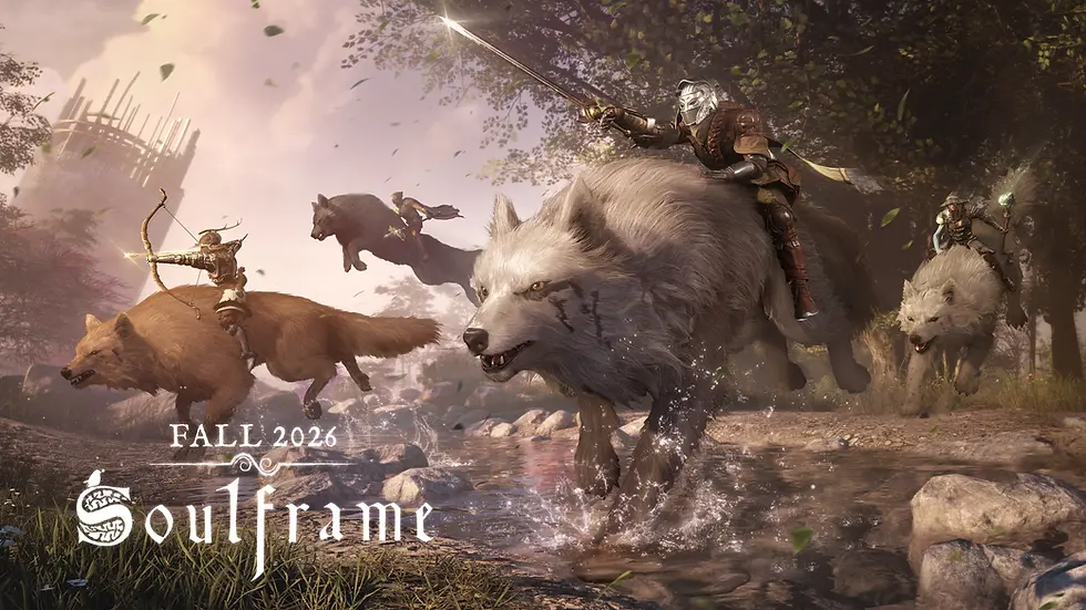 Characters riding wolves in a fantasy setting from Soulframe game.