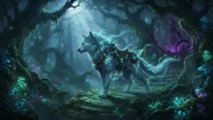 Mystical wolf mount in ethereal fantasy forest with magical energy and atmospheric lighting from Soulframe