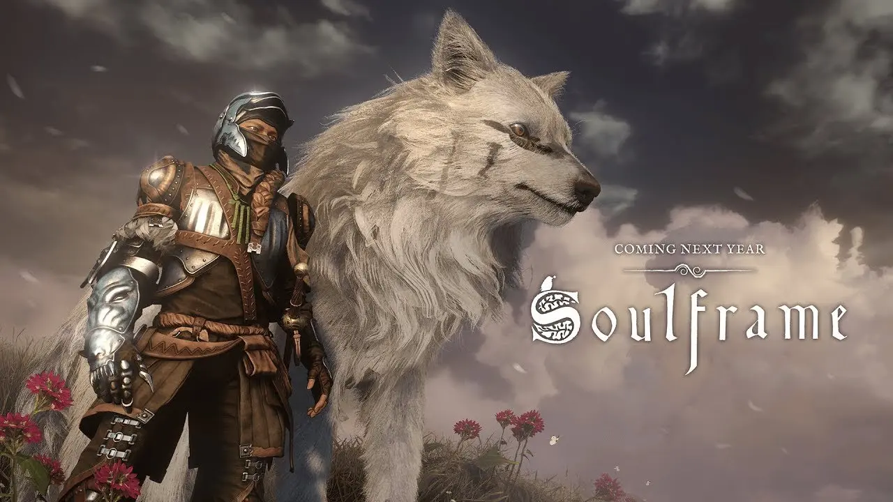 A character in armor stands beside a large white wolf in a fantasy landscape.