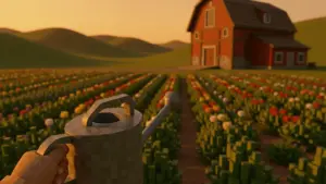 First-person view of farming in Stardew Valley reimagined as a 3D VR experience