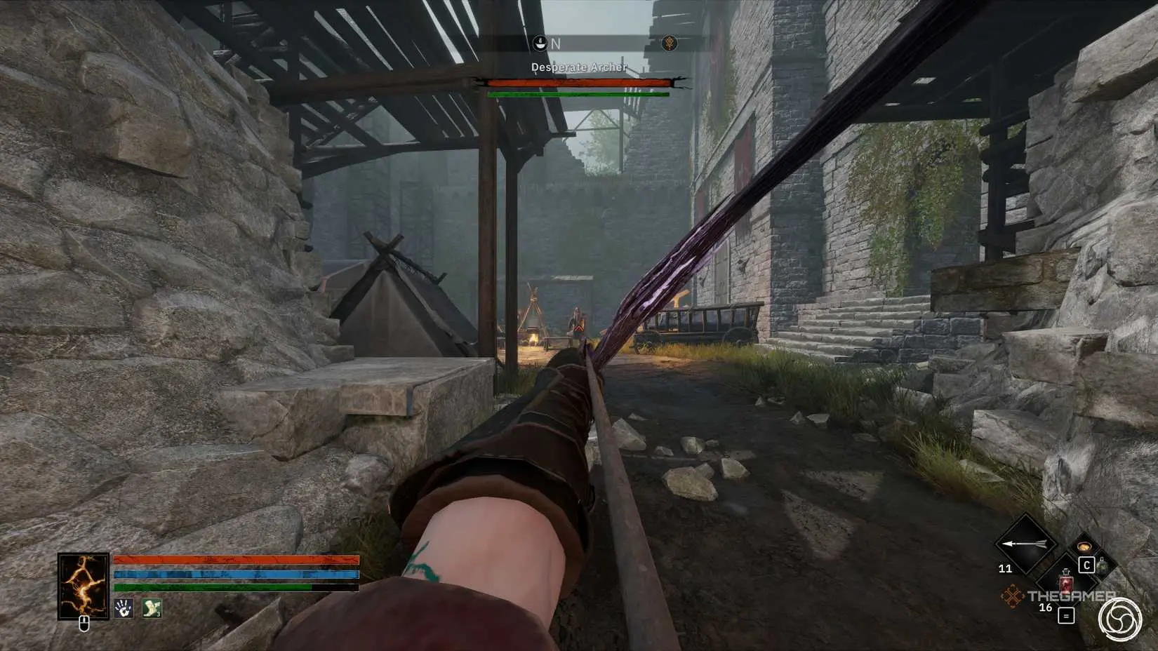 Gameplay shot from Tainted Grail: Fall of Avalon featuring an archer aiming.