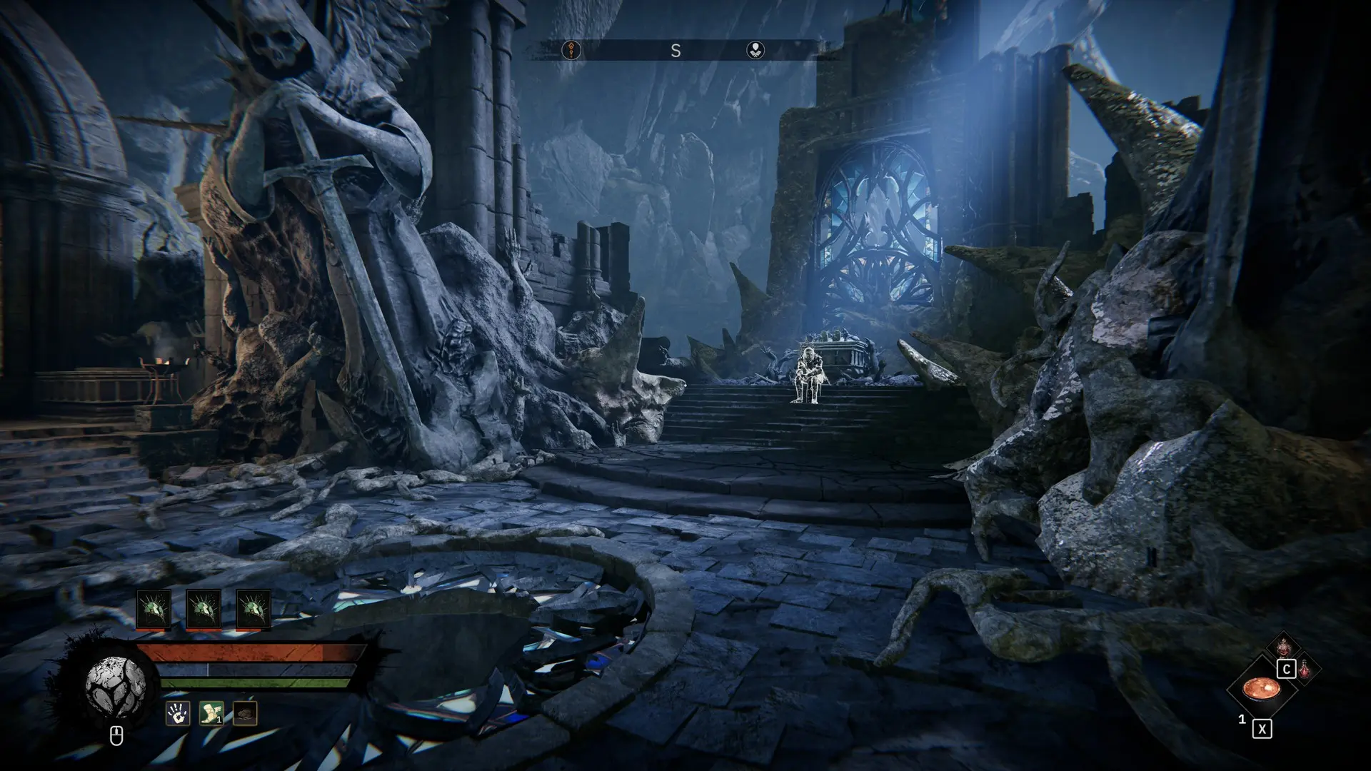 An eerie stone environment with a large statue and mysterious lighting.