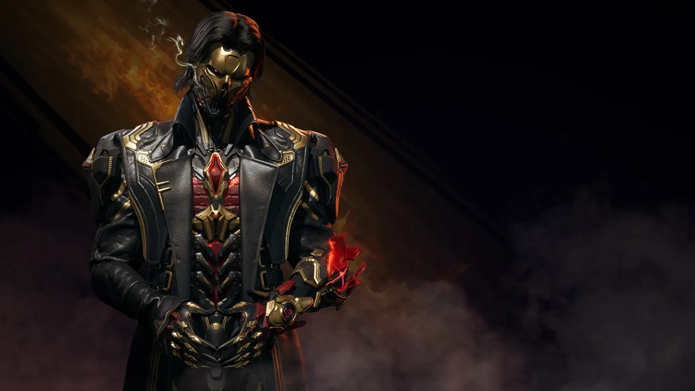 Character from The First Descendant, wearing a detailed armor with metallic and fiery elements.