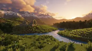 Minecraft Middle-earth mod landscape with blocky mountains, rivers, and diverse fantasy biomes