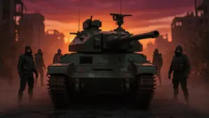 Post-apocalyptic tank with survivor silhouettes in dramatic twilight ruins for World of Tanks Walking Dead collection