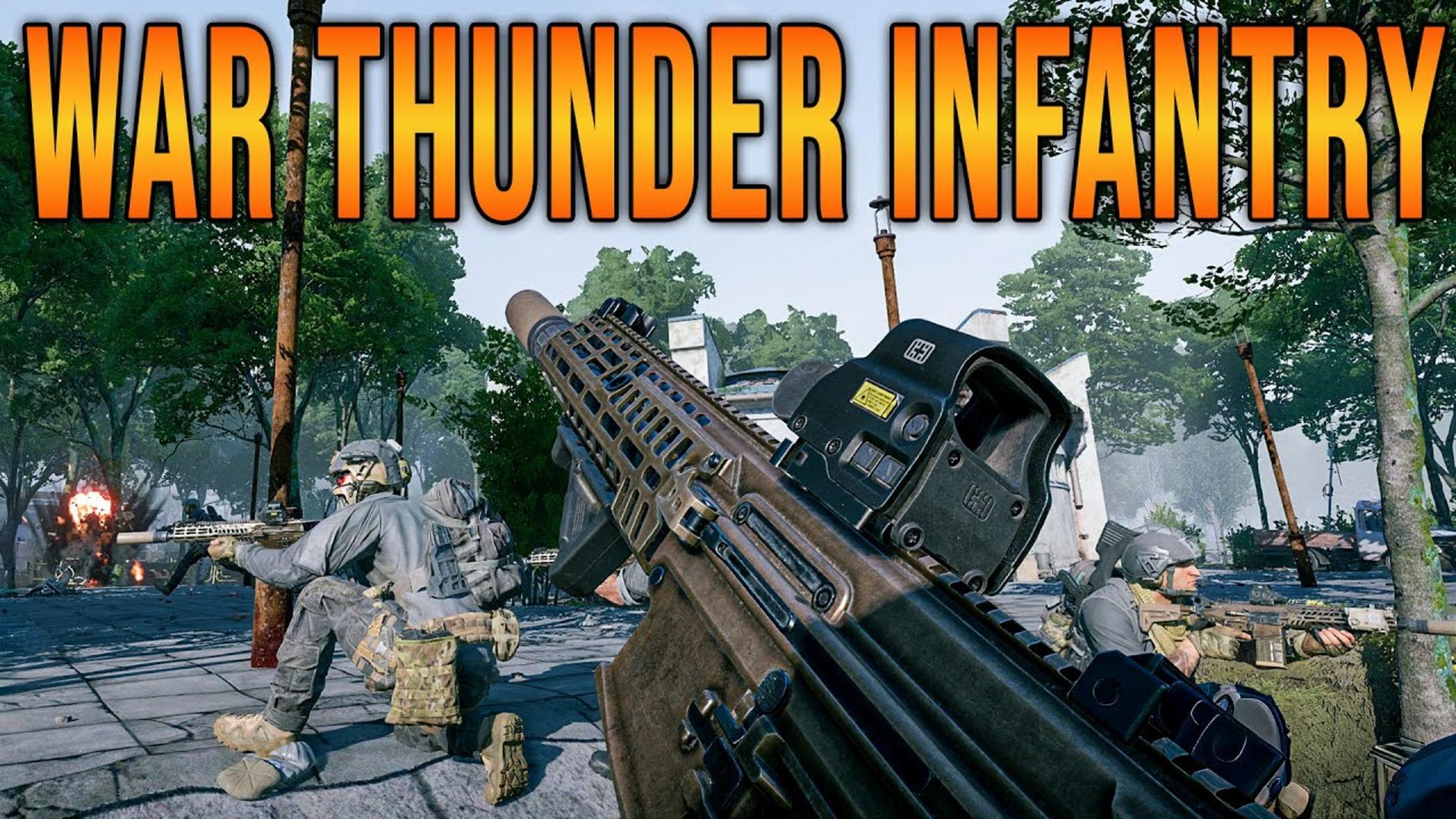 Gameplay scene from War Thunder showing infantry soldiers in combat.