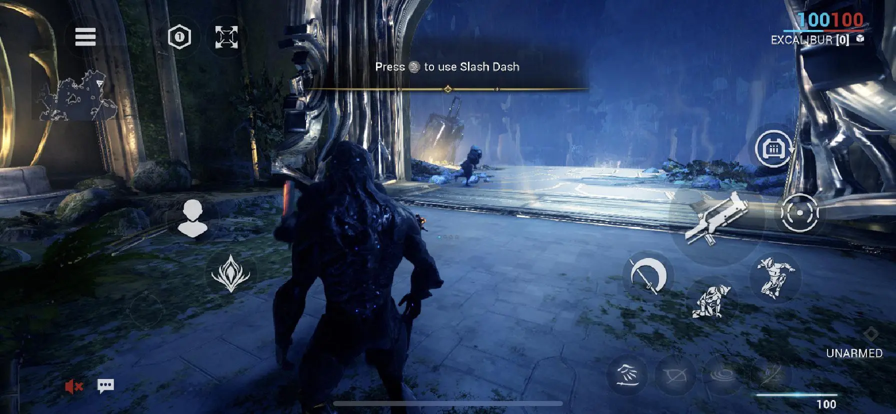 Gameplay screenshot from Warframe showing a character preparing for action.