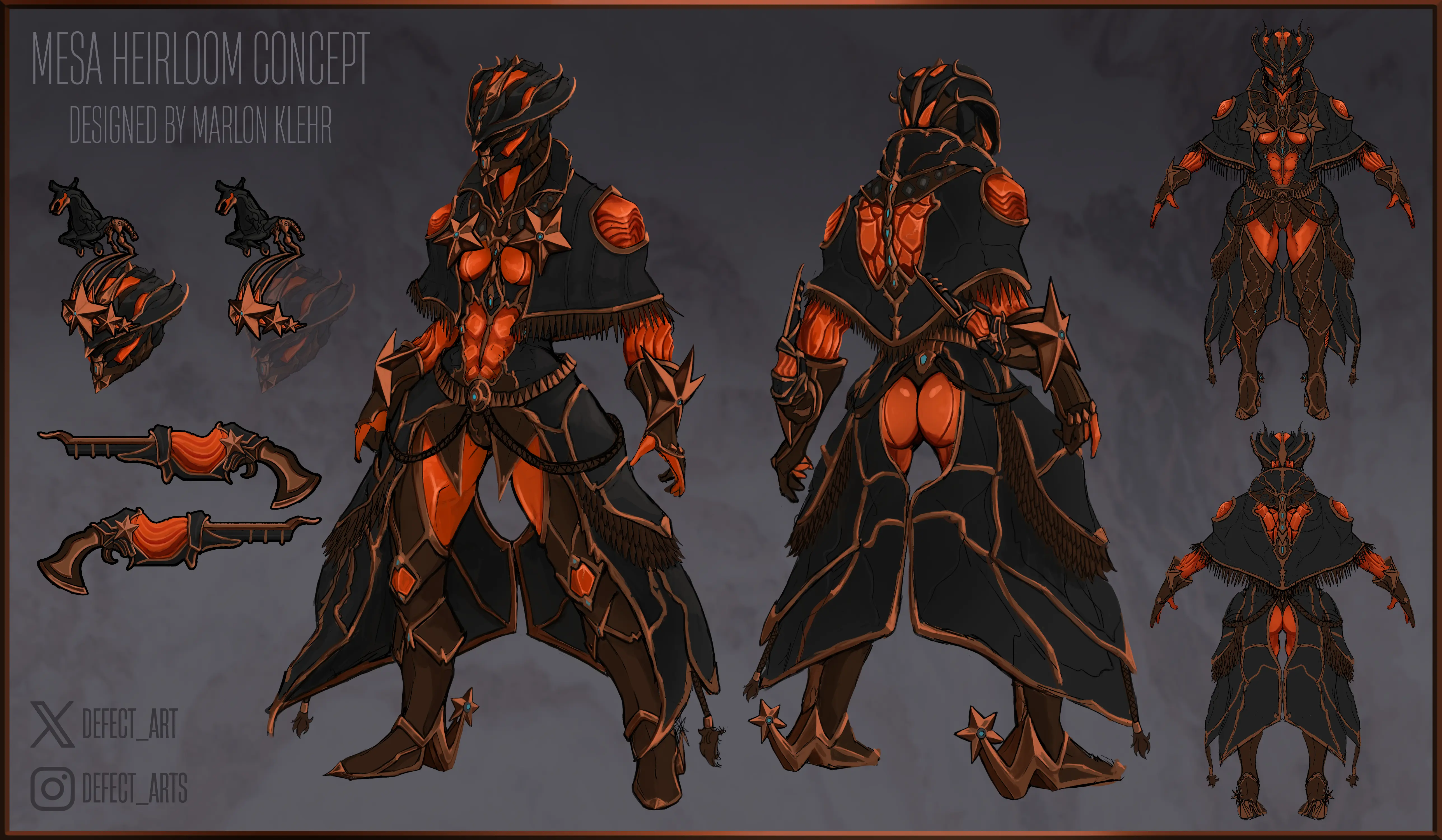 Concept art of Mesa Heirloom skin from Warframe, featuring detailed character design.