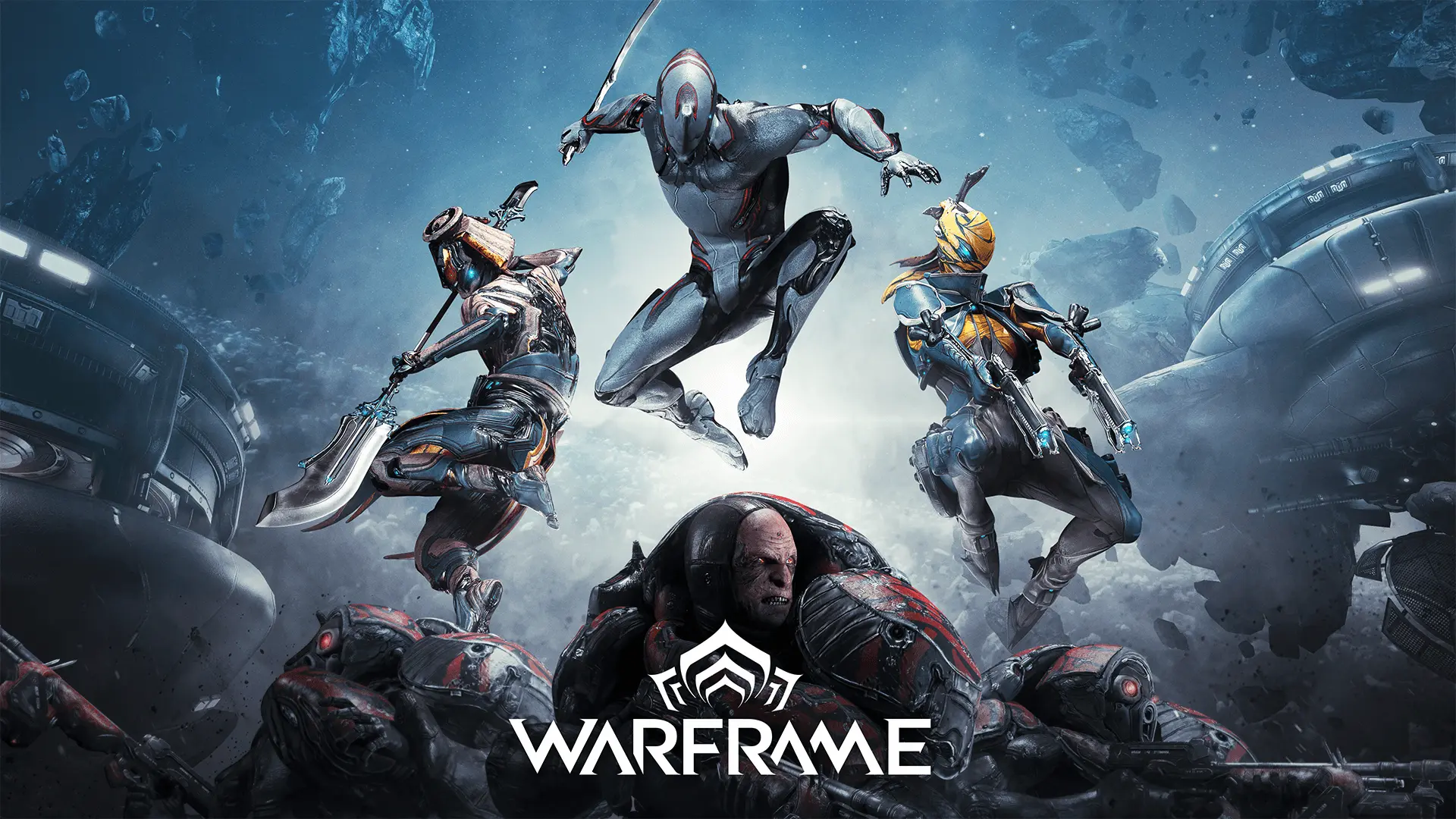 Three Warframe characters in action, showcasing their unique abilities and design.